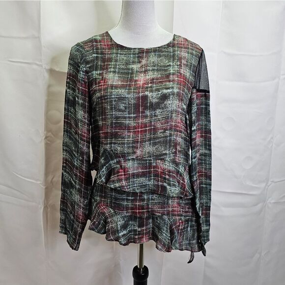 Artelier Nicole Miller Red and Green Silk Ruffle Blouse Size P(XS) - Picture 1 of 11